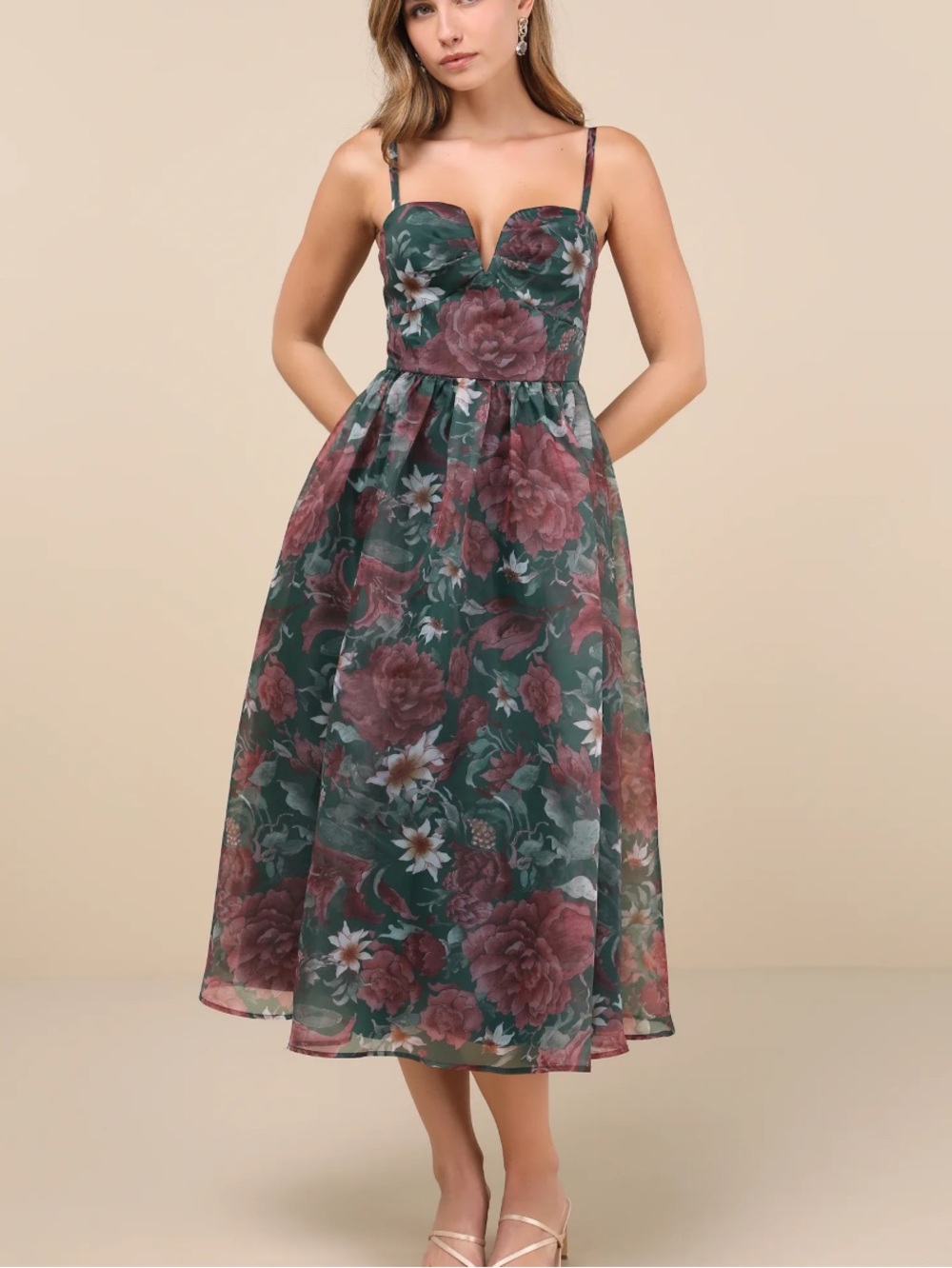New Cherished Aura Floral Bustier Sweetheart Midi Dress Sz Large